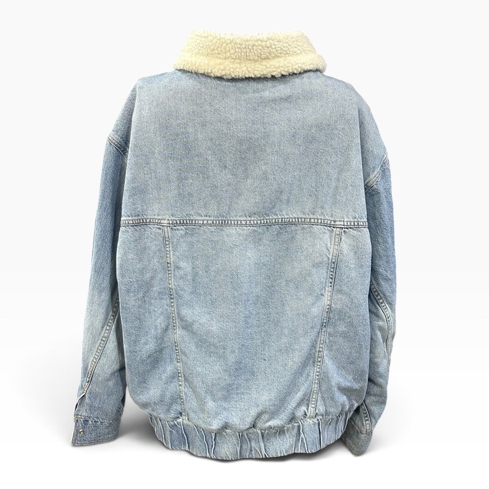 American Eagle Womens XL Sherpa Lined Denim Bomber Jacket Light Wash Oversized - Picture 2 of 7